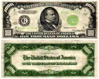 1934 Sm Size $1000.  00 U S Federal Reserve Note Cleveland Fr 2211 - G Vf,