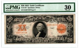 1922 Pmg 30 Very Fine Large Size $20 Gold Seal Gold Cert Undergraded 1c Start