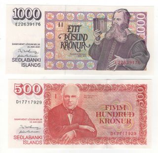 Iceland 1000 & 500 Kronur Dated 2001 Pnl Unc Scarce First Design With Later Date