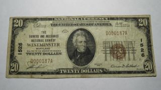 $20 1929 Westminster Maryland Md National Currency Bank Note Bill Ch.  1526 Fine