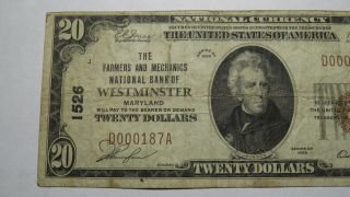 $20 1929 Westminster Maryland MD National Currency Bank Note Bill Ch.  1526 Fine 2