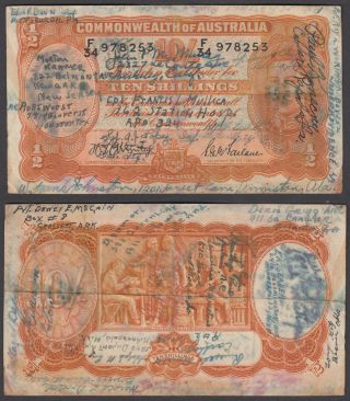 Australia 10 Shillings 1942 (f) Banknote P - 25 Kgvi Short Snorter