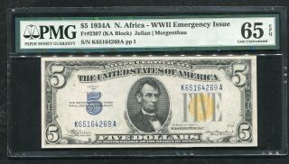 Fr.  2307 1934 - A $5 “north Africa” Silver Certificate Pmg Gem Uncirculated - 65epq