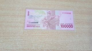Indonesia 100.  000 100000 Rupiah 2016 Unc Lucky Solid S/n 888888 (3)