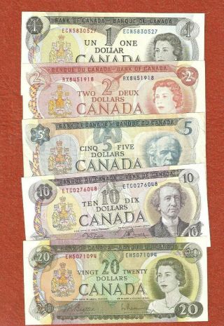 Set Of 1970`s Bank Notes 1.  00 - 2.  00 - 5.  00 - 10.  00 - 20.  00 Set Of Bank Notes E585