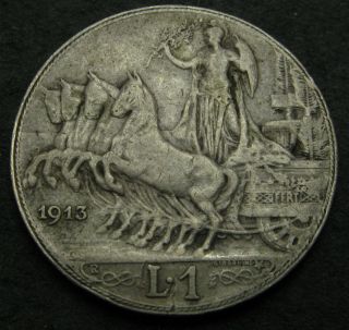 Italy 1 Lira 1913 R - Silver - Vittorio Emanuele Iii.  - F/vf - 3695