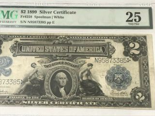 $2 (two Dollars) 1899 Silver Certificates.  Pmg 25.