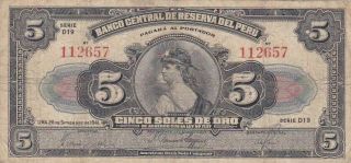 1941 Peru 5 Soles De Oro Note,  Pick 66aa