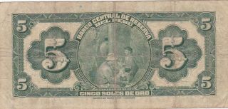 1941 Peru 5 Soles de Oro Note,  Pick 66Aa 2