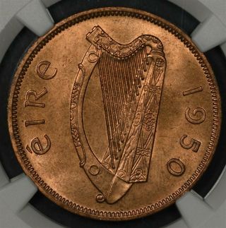 1950 Ngc Ms65rd Ireland Penny