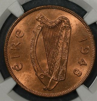 1948 Ngc Ms65rd Ireland Penny