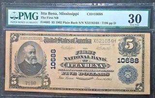 1902 Large Size National $5 Itta Bena Mississippi Fr.  605 Pmg Vf30 Toned