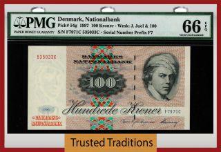 Tt Pk 54g 1997 Denmark Nationalbank 100 Kroner " Juel " Pmg 66 Epq Gem Unc