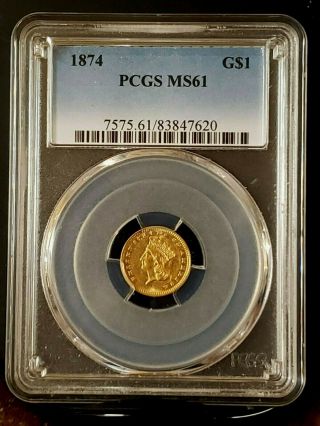1874 $1 Gold Dollar Type 3 G$1 Pcgs Ms 61 Closed 3 Regular Strike