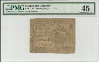 Fr.  Cc - 57 Feb.  26,  1777 $4 Continental Currency Note Pmg Choice Extremely Fine45