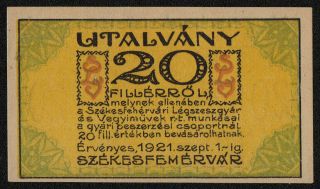 Hungary Szekesfehervar 20 Filler 1920 Aunc,