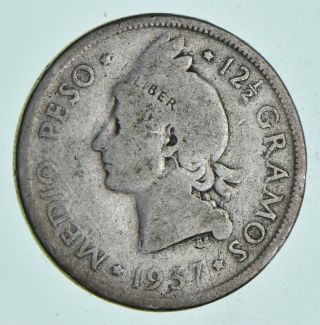 World Coin - 1937 Dominican Republic 1/2 Peso - World Silver Coin 11.  9g 030