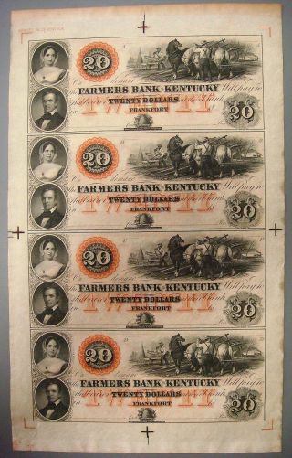 Uncut Sheet - Farmers Bank Of Kentucky,  Frankfort,  $20 (american Bank Note Co)