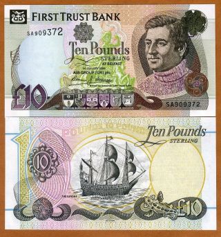 Ireland Northern,  First Trust Bank,  10 Pounds,  1998,  P - 136,  Unc Sailboat