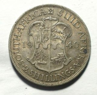 1940 2 Shillings South Africa Large Coin 28.  7mm 80 Silver W/ Luster