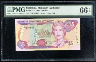 Bermuda 5 Dollars 2000 P 51 Gem Unc Pmg 66 Epq