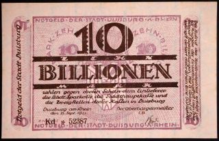 Duisburg 1923 10 Trillion Mark Weimar Hyperinflation German Notgeld Banknote
