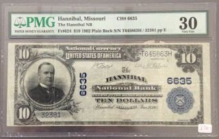 Series Of 1902 $10 Hannibal National Bank Hannibal,  Missouri Pmg Vf30