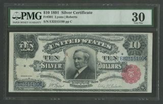 Fr301 $10 1891 Silver Cert " Tombstone " Note Pmg 30 Choice Vf Wlm8522