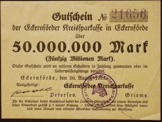 EckernfÖrde 1923 50 Million Mark Inflation Notgeld German Banknote