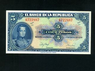 Colombia:p - 386e,  5 Pesos Oro,  1950 Cordoba Unc