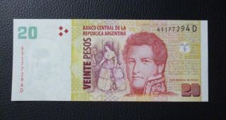 Argentina Banknote 20 Pesos,  Pick 355 Unc 2012 - Series D