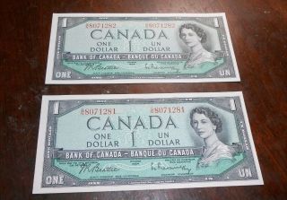 1954 Canada/canadian Set Of 2 Consecutive 1 Dollar Bank Notes Unc