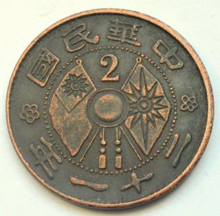 China Yunnan Province 2 Cash 1932 Crossed Flags Copper Coin