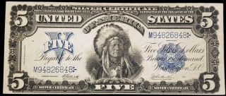 1899 $5 Silver Certificate Indian Chief Fr - 281 Large Bill Note In Au