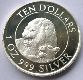 Zimbabwe 1996 Lions 10 Dollars 1oz Silver Coin,  Proof