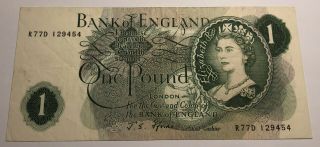 Bank Of England 1967 One Pound Note - Queen Elizabeth Ii - R77d 129454
