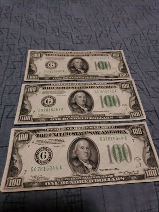Sequential Set Of 100 1934 Series A Federal Reserve Notes,  3 Notes