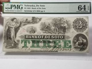 Nebraska 1863 Bank Of De Soto $3 Obsolete Bank Note Pmg 64 Epq Choice Unc