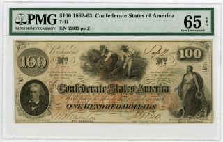 1862 T - 41 $100 Confederate States Of America Note - Civil War Era Pmg Gem 65 Epq