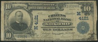 1902 The National Bank Of Kokomo In $10 Note Ch 4121 Plain Back