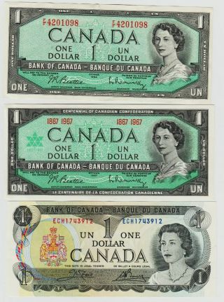 3 Different Canada One Dollar Notes