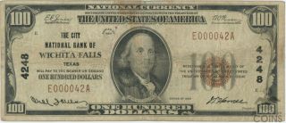1929 National Bank Of Wichita Falls Texas $100 Note Ch 4248 T - 1 Low Serial