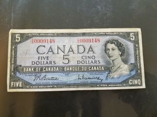 1954 Canadian 5 Dollar Bill.  Low Serial Number (circulated)