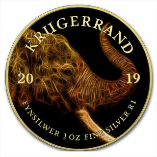 2019 1 Oz Silver The African Big Five Voltaic Elephant Krugerrand Coin,  24k Gold.