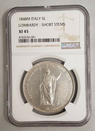 Lombardy Provisional Government 5 Lire 1848 M - Ngc Xf 45 - Short Stems