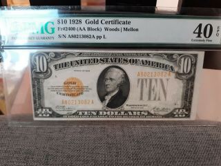 1928 Fr 2400 (aa Block) - - $10 Gold Certificate Pmg 40 Epq