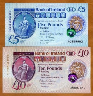 Set Bank Of Ireland,  Northern,  5;10 Pounds,  2017 (2019),  P - Polymer,  Unc