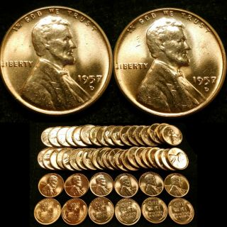1957 - D Roll Of 50 Bu/uncirculated Lincoln Cents Wheat Pennies
