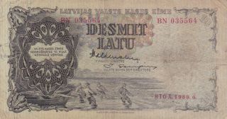 10 Latu Vg - Fine Banknote From Latvia 1940 Pick - 29e