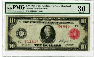 1914 $10 Red Seal Federal Reserve Note Cleveland Fr 895b Pmg Vf30